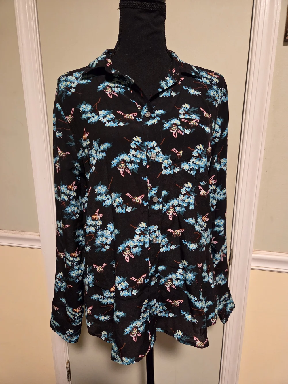 J. Crew Silk Black Button-Up Blouse with Blue Floral & Pink Accents